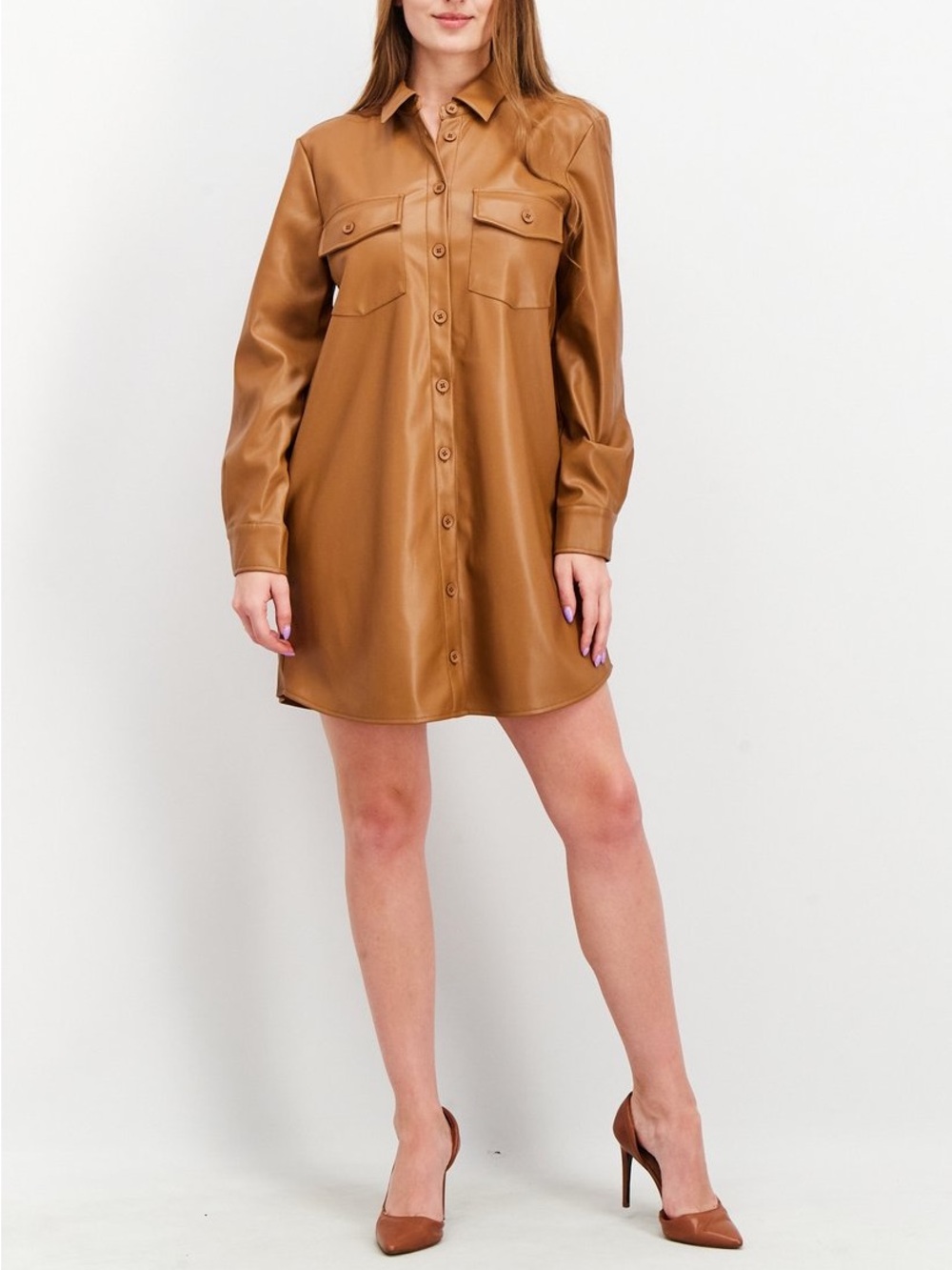 NWOT BB Dakota by Steve Madden Darl Camel Leather Button Down Shirt Dress Size L